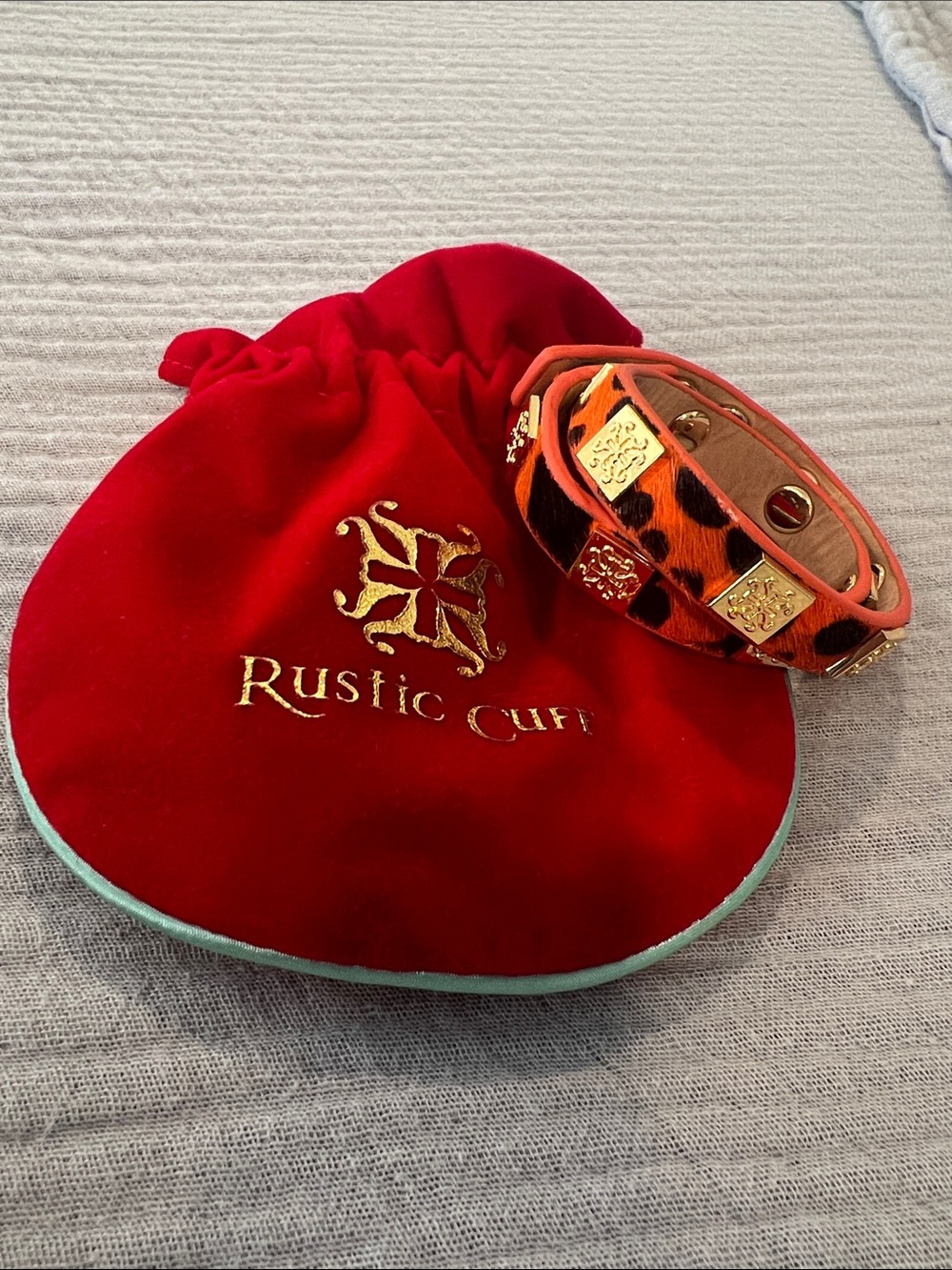 Rustic Cuff Orange and Black Leopard Leather Cuff with Gold Accents